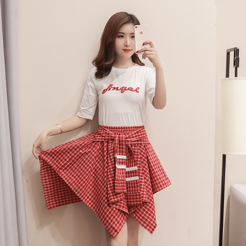 实拍套装裙女2018夏款韩版宽松字母T恤格子半