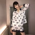 Bộ đồ ngủ nữ Xia Bingsi quần short dài tay hai mảnh nơ lụa thật có thể mặc ra ngoài phục vụ nhà - Bộ Pajama Bộ Pajama