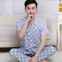 Mùa hè phần mỏng quần ngắn tay bông cotton lụa đồ ngủ nam cotton giản dị dịch vụ nhà phù hợp với nhân tạo cotton kích thước lớn thời trang nữ cao cấp