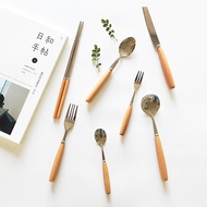 榉 gỗ tay cầm bằng gỗ dao kéo muỗng đũa thép không gỉ bộ đồ ăn Phương Tây đặt trái cây ngã ba món tráng miệng muỗng nĩa bộ đồ ăn di động