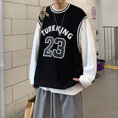 秋季字母印花假兩件長袖T恤男生潮流ins情侶寬鬆復古港風chic上衣