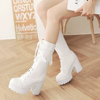 Giày ren trắng đen của Anh trong đôi bốt Martin boot mùa đông Giày nữ đế xuồng dày cao gót COS ủng mùa đông giày boot nữ cổ thấp đế cao