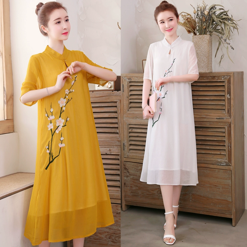 Váy cotton và lanh mùa hè 2021, kiểu Trung Quốc, cỡ lớn, thêu chữ mỏng, kiểu dân tộc, váy dài tính khí của phụ nữ - Váy dài
