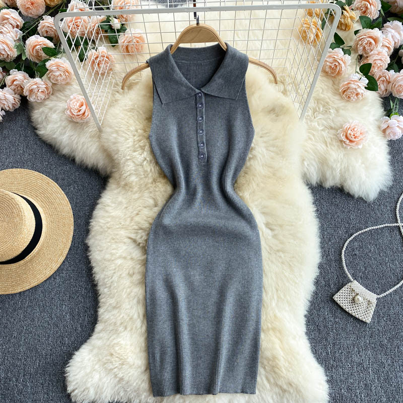 GreyEurope and America ins Women's wear 2021 new pattern tide sexy Tight fitting skirt temperament Polo collar Sleeveless knitting Dress