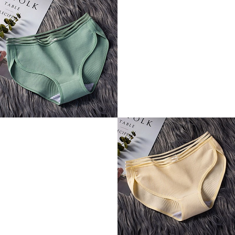 040 Bean Green + Light Yellow2 strip / 3 strip ma'am underpants female pure cotton solar system Korean version Cotton girl student middle-waisted girl student Lace Briefs