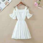 Mùa hè trắng eo thon thon một từ váy dài một đoạn vai dưới dây đeo váy ren - A-Line Váy