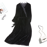 Демисезонное шелковое бархатное элегантное платье, кружевная длинная юбка, кружевное платье, V-образный вырез