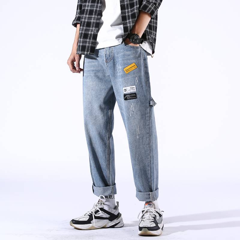 Loose jeans men's straight tube spring trend Pai 9 points casual long pants men's pants Korean trend all over wide legs