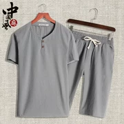 Ông già 70 tuổi ăn mặc mùa hè 60 cotton và vải lanh ngắn tay trung niên 40 quần short 50 bộ đồ trung niên nam bộ đồ hai mảnh - Bộ đồ