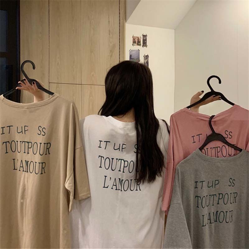 Lotus Root Colorsummer new pattern T-shirt Lazy wind letter printing Medium and long term Short sleeve female Korean version student easy Harajuku jacket