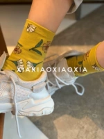 [Полные пять паров бесплатной доставки] Южная Корея импортированная подлинная пятно женских носков Средняя толщина, мода, модные цветы стиля, цветы хлопковые носки