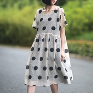 5.21 new retro kết cấu nếp gấp linen dot dress mỏng lỏng kích thước lớn Một từ 18 mùa hè sản phẩm mới các kiểu đầm nhung đẹp