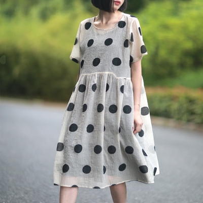 5.21 new retro kết cấu nếp gấp linen dot dress mỏng lỏng kích thước lớn Một từ 18 mùa hè sản phẩm mới các kiểu đầm nhung đẹp Sản phẩm HOT
