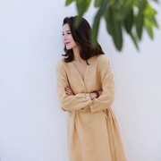 Ma Lin văn chương gốc cotton và vải lanh nữ 2019 hè mới tự nhiên vải lanh cổ chữ V váy dài váy - Váy dài