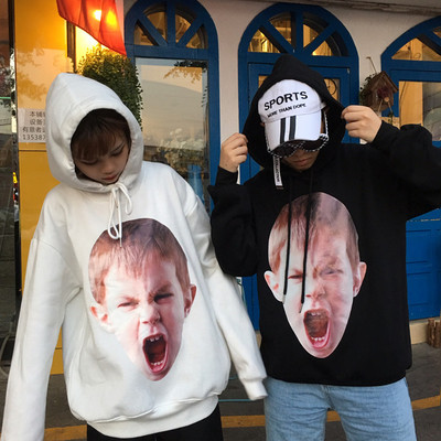 021932实拍 ins原宿bf风欧美愤怒小孩头像印花宽松套头连帽卫衣外套