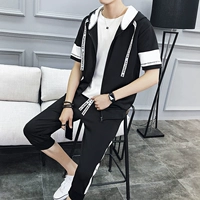 Áo len nam 2018 mùa hè Hàn Quốc phiên bản của xu hướng ngắn tay thanh niên đẹp trai bộ của học sinh trung học bảy quần phù hợp với áo đôi hoodie