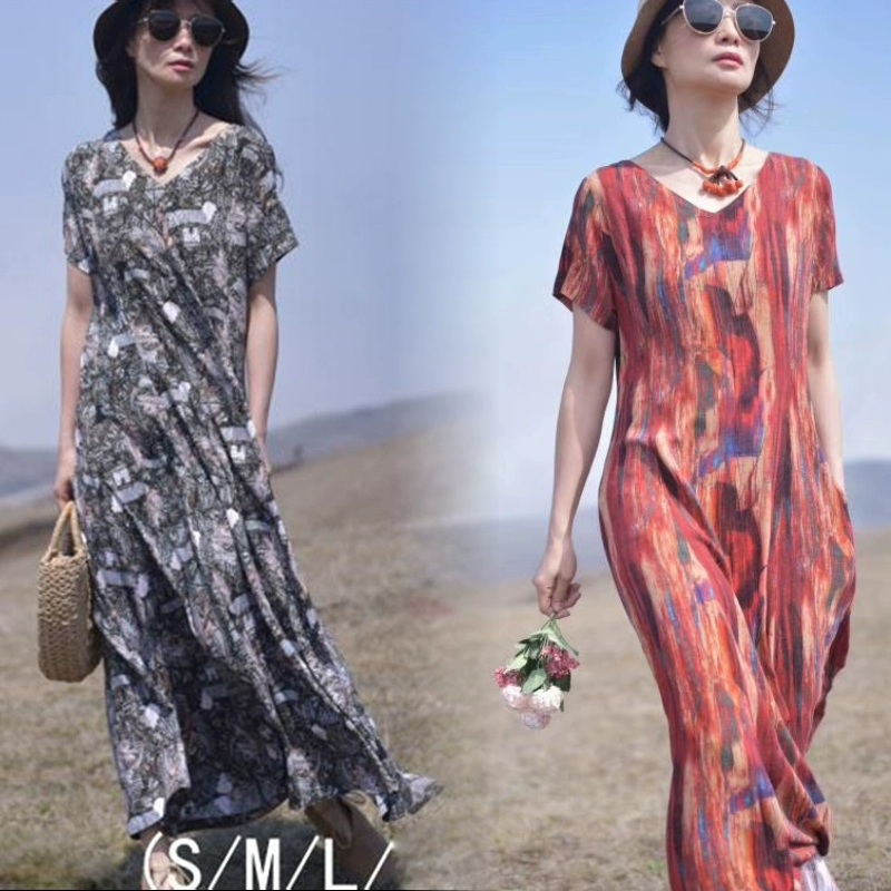 Ying Brand Womens Q 931 Summer 20 Years In Cotton and Linen Dress Váy dài mỏng và mỏng cổ chữ V Tay áo ngắn cỡ lớn Váy - Váy dài