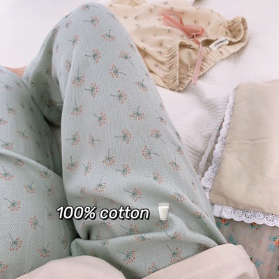 taobao agent 100%cotton dandelion floral 9 separate home pants Korean girl pajamas loose waist loose trousers