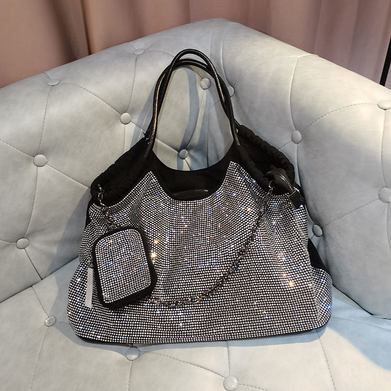 Black White DiamondEuropean goods trend rhinestone Big bag fashion south korea oxford  With cowhide light Travel bag high-capacity The single shoulder bag