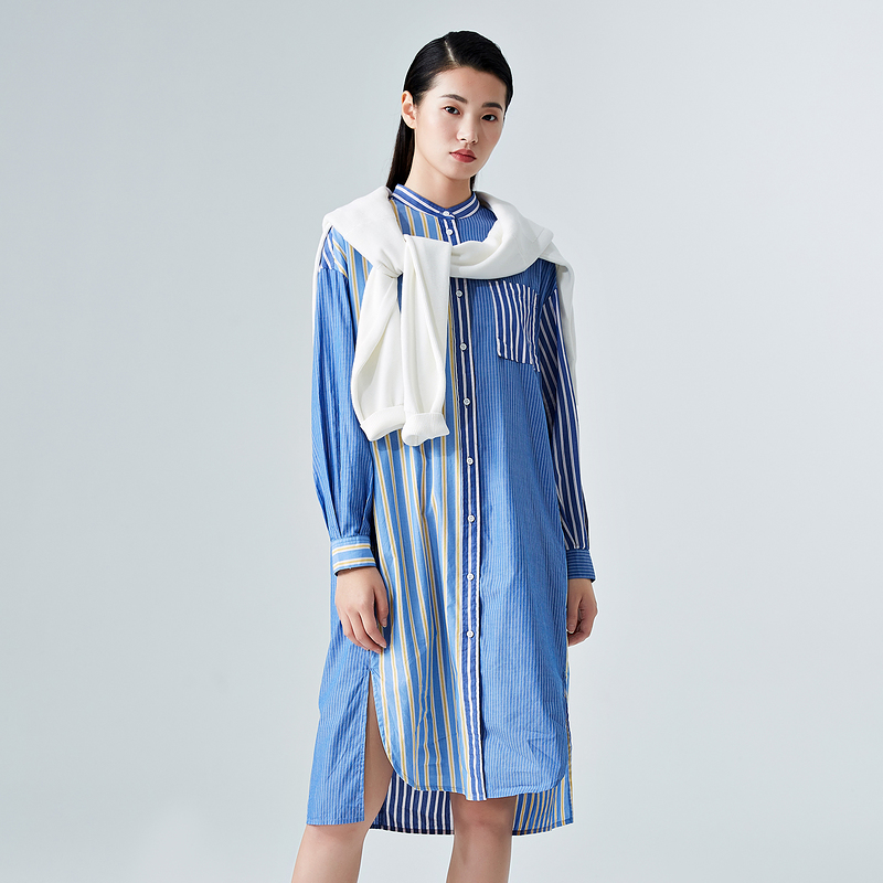 AquamarineAncient wood and sunset sheep GMXY2020 Spring and Autumn Dress new pattern Shirt skirt Splicing Long sleeve GZ2010180103