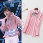 Thần tượng đào tạo sinh viên Chen Linong với cùng một đoạn quần áo nữ áo sơ mi màu hồng tai thỏ nhỏ bow tie khăn lỏng sinh viên áo sơ mi nữ công sở