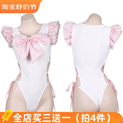 taobao agent [Clearance] Pink lattice big bow, dead library sexy lotus leaf edge hollow straps swimsuit connecting pajamas