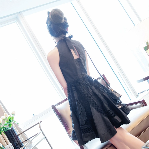 Черное кружевное платье без рукавов, юбка, коллекция 2021, по фигуре, с открытой спиной, А-силуэт