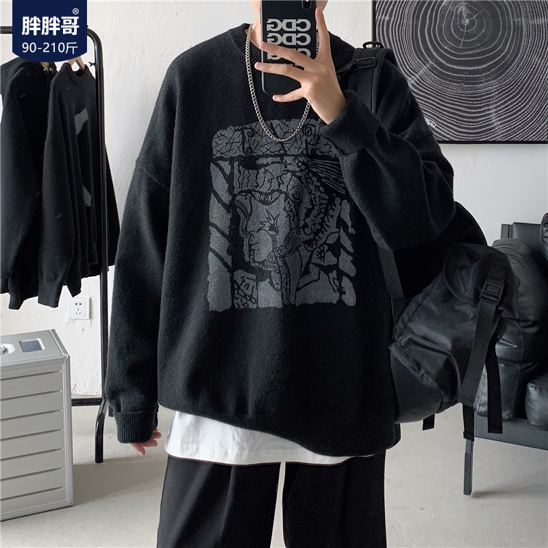 Autumn / winter Pullover men's loose style bottomed T-shirt port style casual versatile printed crew neck sweater