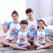 Mùa hè cha mẹ và con cotton ngắn tay gia đình của ba phim hoạt hình Doraemon nhà quần áo cotton trẻ em đồ ngủ bộ