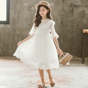Quần áo trẻ em cô gái lớn trẻ em váy công chúa dài trẻ em tay ngắn cotton lưới ren váy trắng - Váy