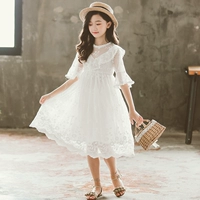 Quần áo trẻ em cô gái lớn trẻ em váy công chúa dài trẻ em tay ngắn cotton lưới ren váy trắng - Váy váy xinh cho bé