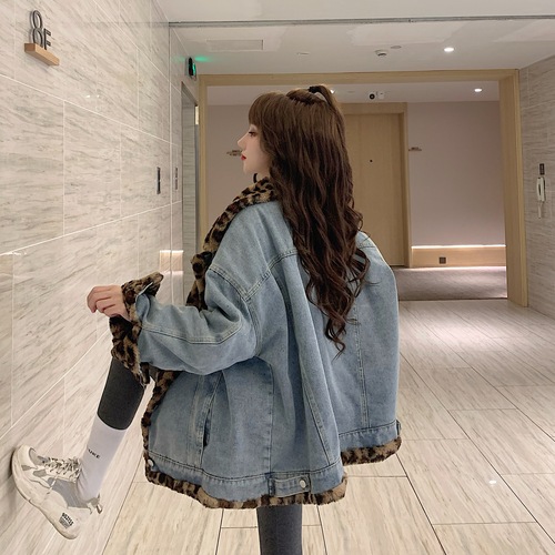 Real price control + 3 new Korean version of autumn / winter 2020 loose and cool leopard print double face denim cotton jacket