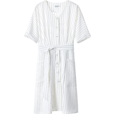 [Giá mới 99 nhân dân tệ] 2018 mùa hè nhỏ tươi áo váy v cổ áo sọc eo một từ váy nữ các kiểu váy giấu bụng Sản phẩm HOT
