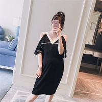 Thai sản mặc 2018 mùa hè mới Hàn Quốc phiên bản của V-Cổ strapless màu rắn là mỏng thời trang đoạn dài phụ nữ mang thai ăn mặc mùa hè váy bà bầu