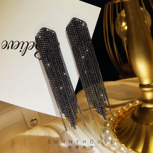 Ретро длинная серебряная игла с кисточками, модные черные универсальные серьги
