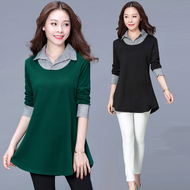 Mẹ tải chất béo mm bao phủ quần áo bụng mùa thu ve áo mới trong phần dài Hàn Quốc phiên bản của bông lỏng dài tay t-shirt phụ nữ