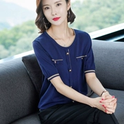 Mùa hè nữ 2019 phiên bản Hàn Quốc mới của áo thun ngắn tay nữ bằng lụa băng cổ tròn đan áo sơ mi nữ size lớn - Áo phông