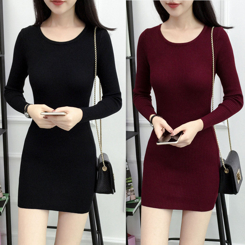 Áo len nữ dày mùa thu và mùa đông mới vòng cổ Hàn Quốc phiên bản của tự canh tác trong phần dài của đội mũ trùm đầu đan đầm túi hip dưới váy