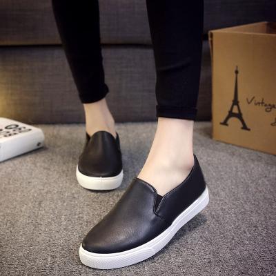 BlackKorean version new pattern Women's Shoes Flat heel Thick bottom canvas shoe Kick on Low Gang leisure time Students shoes leather shoes Single shoes White and black