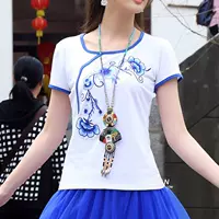 Mùa hè mới gió quốc gia ngắn tay t-shirt Mỏng thêu vòng cổ áo sơ mi đáy áo sơ mi Trung Quốc phong cách kích thước lớn thêu nữ áo phông nữ rộng