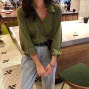 Mùa thu mới Hồng Kông có hương vị xanh lá cây chic chic lười biếng lỏng mỏng thời trang khí chất áo sơ mi dài tay