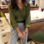 Mùa thu mới Hồng Kông có hương vị xanh lá cây chic chic lười biếng lỏng mỏng thời trang khí chất áo sơ mi dài tay áo sơ mi nữ dài tay cho người béo