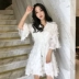Mùa hè mới Hàn Quốc phiên bản của phong cách sang trọng tính khí V-Cổ voan tua lỏng một từ búp bê váy trong eo váy A-Line Váy