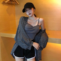 Mùa thu Han Fan retro chữ thập ống top sling + Dây Rút quần short thể thao + kẻ sọc áo chống nắng ba mảnh phù hợp với nữ thời trang công sở nữ