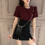 Hồng Kông tính khí phù hợp với nữ mùa hè retro chic rượu vang đỏ ngắn tay T-shirt + chia eo cao váy đen váy quần áo thời trang nữ