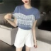 Mùa hè mới của Hàn Quốc phiên bản của chic ren khâu giả hai mảnh áo sơ mi hoang dã cổ tròn ngắn tay đan áo len T-Shirt áo phông rộng Áo phông
