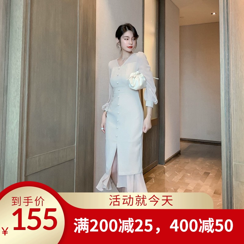 Ying 2021 Phụ nữ mùa thu Gợi cảm Voan cổ chữ V Tay áo Khâu cánh tay Tính khí Váy dài trung bình Váy 348 - Váy dài