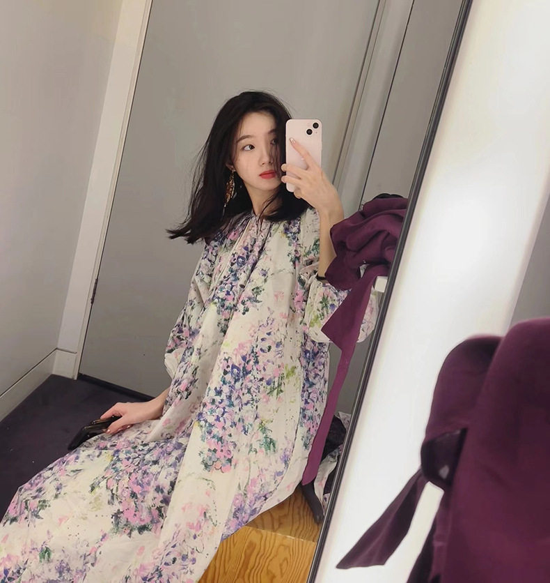 2022夏季新款气质印花连衣裙圆领五分袖宽松通勤系带海边度假长裙