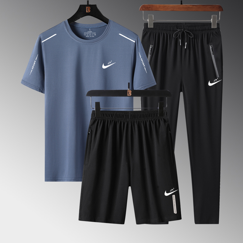 8832 Haze Blue Three Piece SetNike summer Ice silk leisure time Sports suit male run Short sleeve T-shirt Crew neck Quick drying shorts Three piece suit