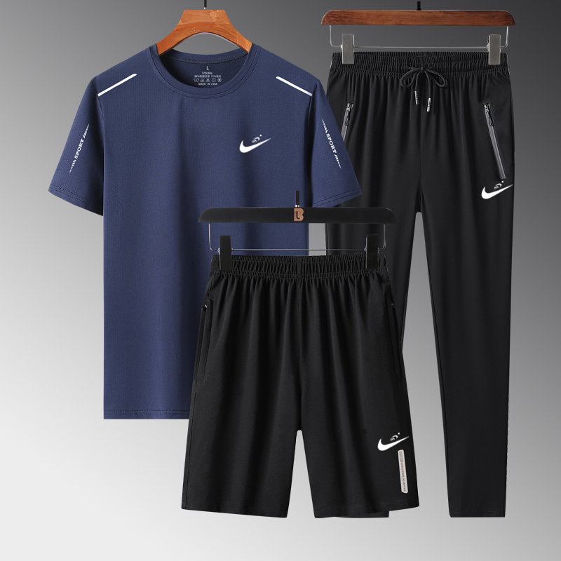 8832 Deep Blue Three Piece SetNike summer Ice silk leisure time Sports suit male run Short sleeve T-shirt Crew neck Quick drying shorts Three piece suit